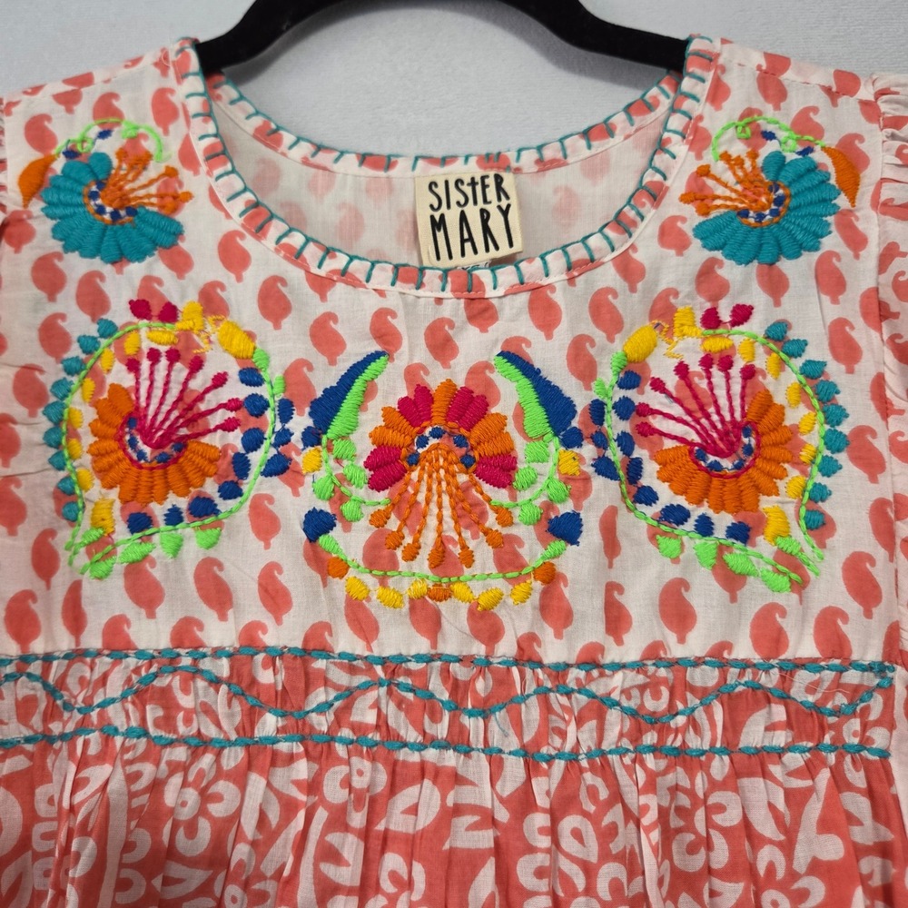 Sister Mary Top Womens XS Pink Embroidered Paisley Boho Babydoll Coastal Cottage - Picture 9 of 12